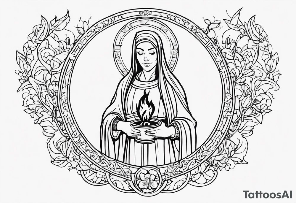 A full back piece themed on the surname mcbride and the irish saint brigid. It should take inspiration from artwork of saint brigid holding fire in her hands. It should have the text Vincit Pericula Virtus on it tattoo idea