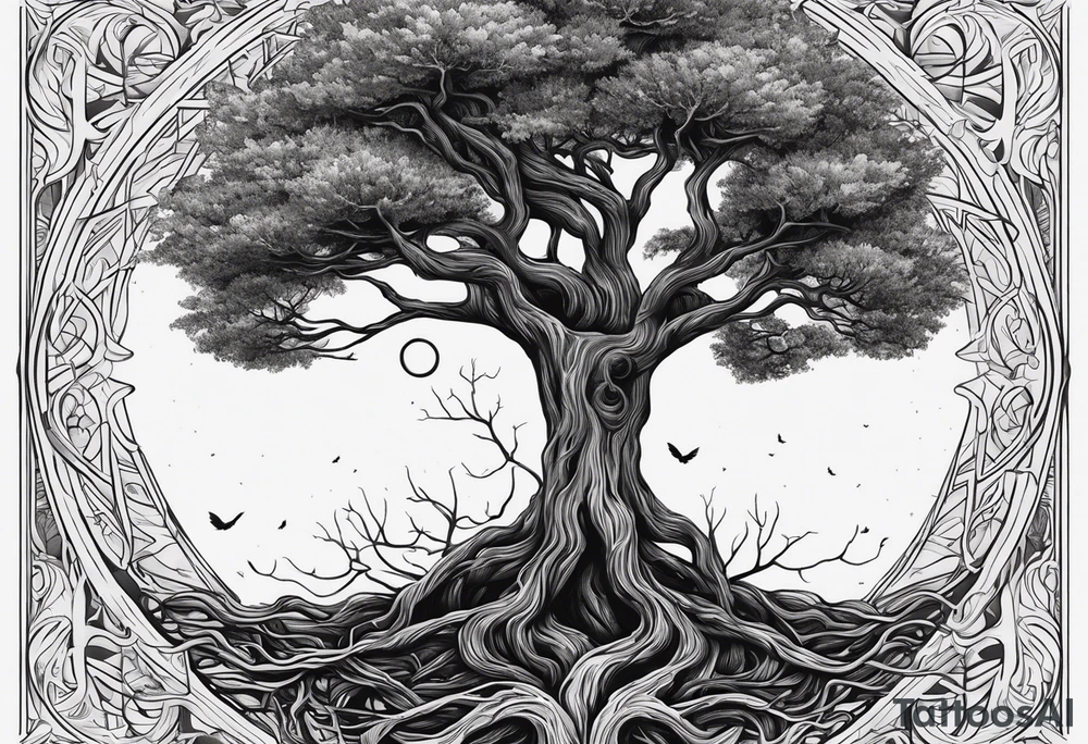 A tree growing from roots within body, with branches reaching outward with the text "life comes from you not at you" tattoo idea