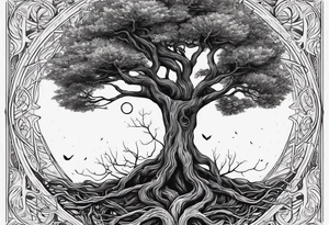 A tree growing from roots within body, with branches reaching outward with the text "life comes from you not at you" tattoo idea