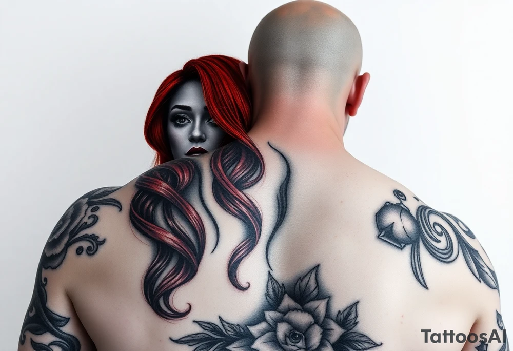 Woman with long red hair and red lipstick with lots of tattoos with  a bald muscular white man with tattoos getting married tattoo idea