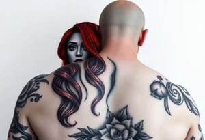 Woman with long red hair and red lipstick with lots of tattoos with  a bald muscular white man with tattoos getting married tattoo idea