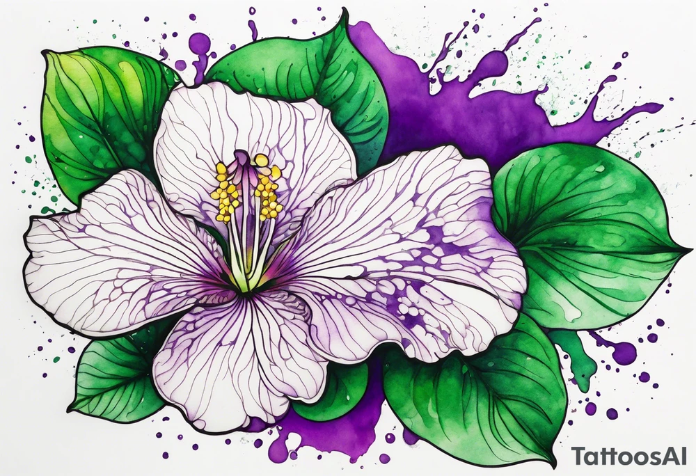 An outline of a green rio dipladenia flower and a green/purple watercolor splash in the background tattoo idea