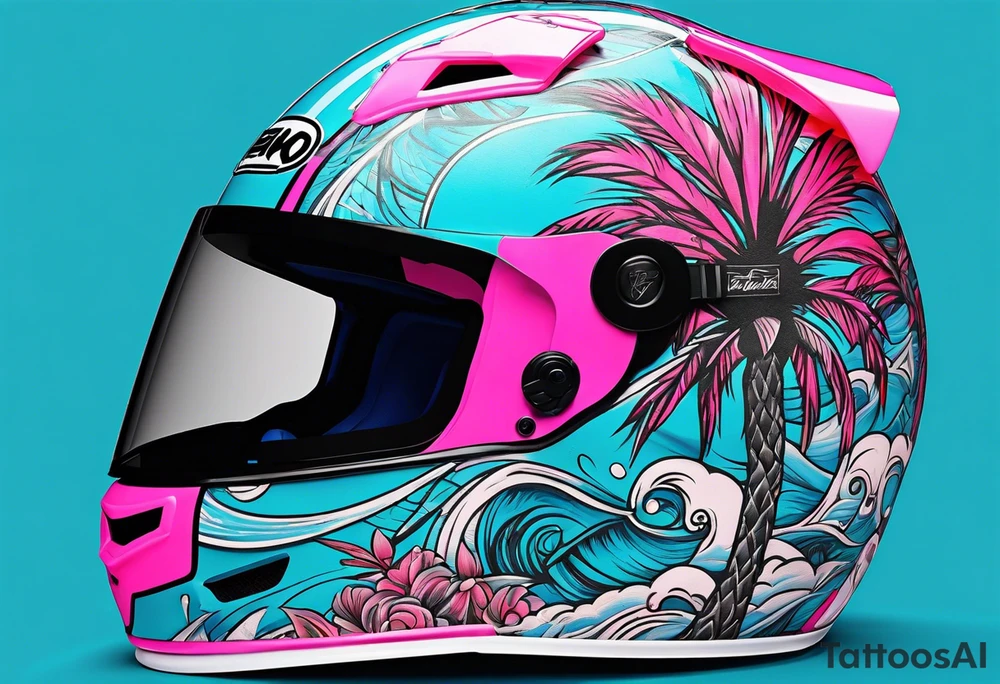 formula 1 helment with a palm tree and black light blue and pink colors tattoo idea