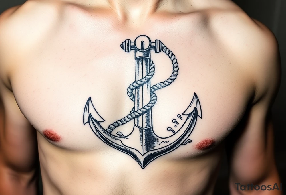 weathered anchor wrapped in nautical rope with sea waves tattoo idea