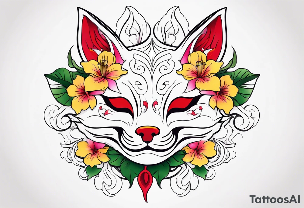 White japanese mask that looks like a kitsune with red and yellow accents and pink hibiscus flowers and green vines surrounding it tattoo idea