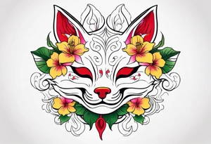 White japanese mask that looks like a kitsune with red and yellow accents and pink hibiscus flowers and green vines surrounding it tattoo idea