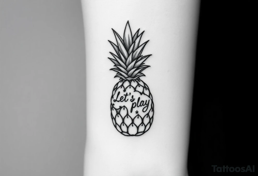 A black ink wrist tattoo featuring a realistic yet minimalistic pineapple. The pineapple is finely detailed with clean, precise lines, capturing the natural texture of the fruit while keeping the design subtle and uncluttered. Inside the body of the pineapple, the phrase "Let's play" is clearly placed in a bold but not overly thick font, ensuring readability while maintaining balance with the overall design. The leaves of the pineapple have a fine-line style with slight variations in thickness for a natural feel. The tattoo blends fine details with subtle bold elements, creating a clean and modern aesthetic. tattoo idea