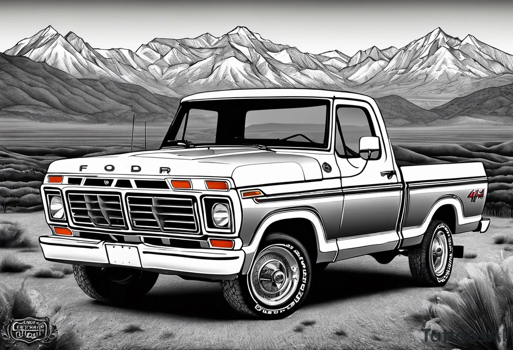 1974 ford f-100 in front of mountains tattoo idea