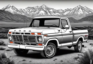 1974 ford f-100 in front of mountains tattoo idea