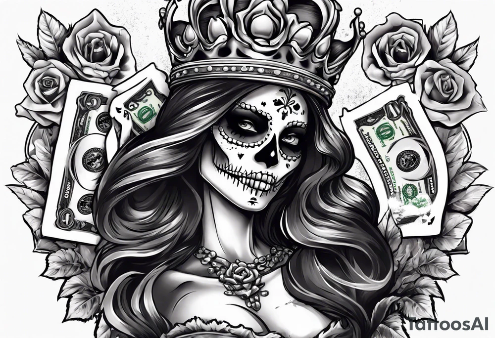 santa la muerta with money and crown
on card tattoo idea