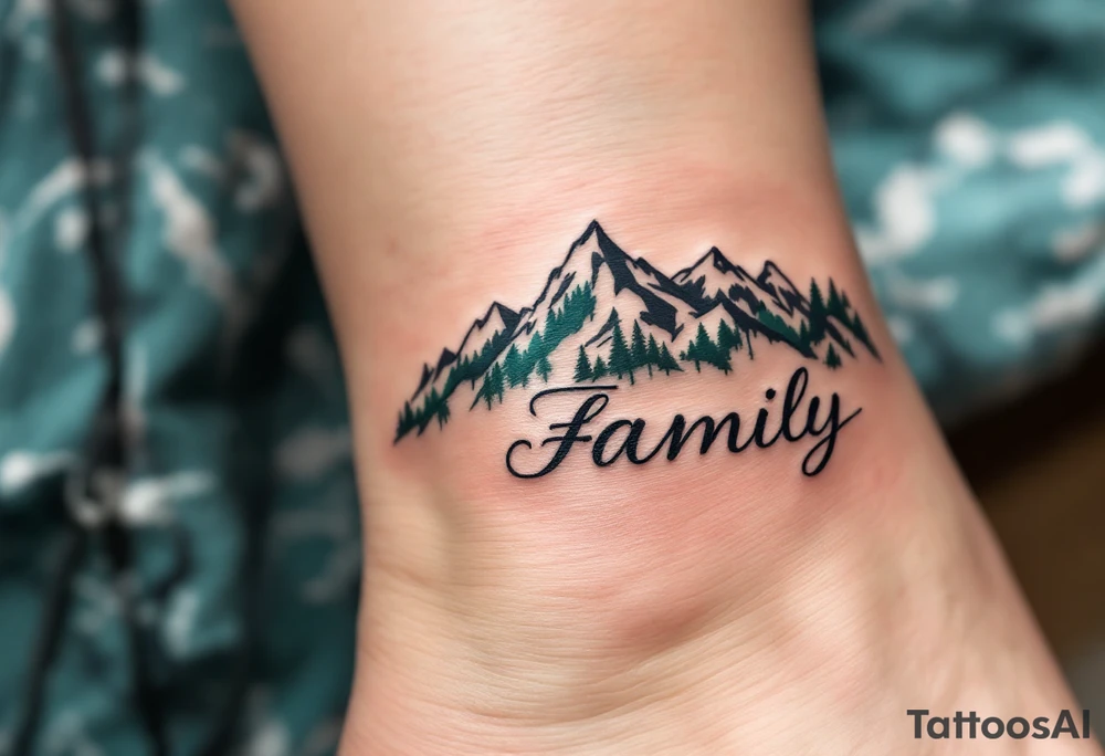 Family in delicate calligraphy beneath a mountain landscape shaded in charcoal and forest green. tattoo idea