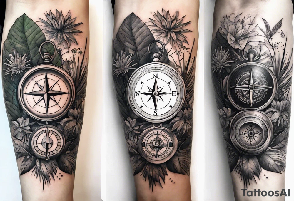 full sleeve tattoo, jungle plants, compass with eye inside compass tattoo idea
