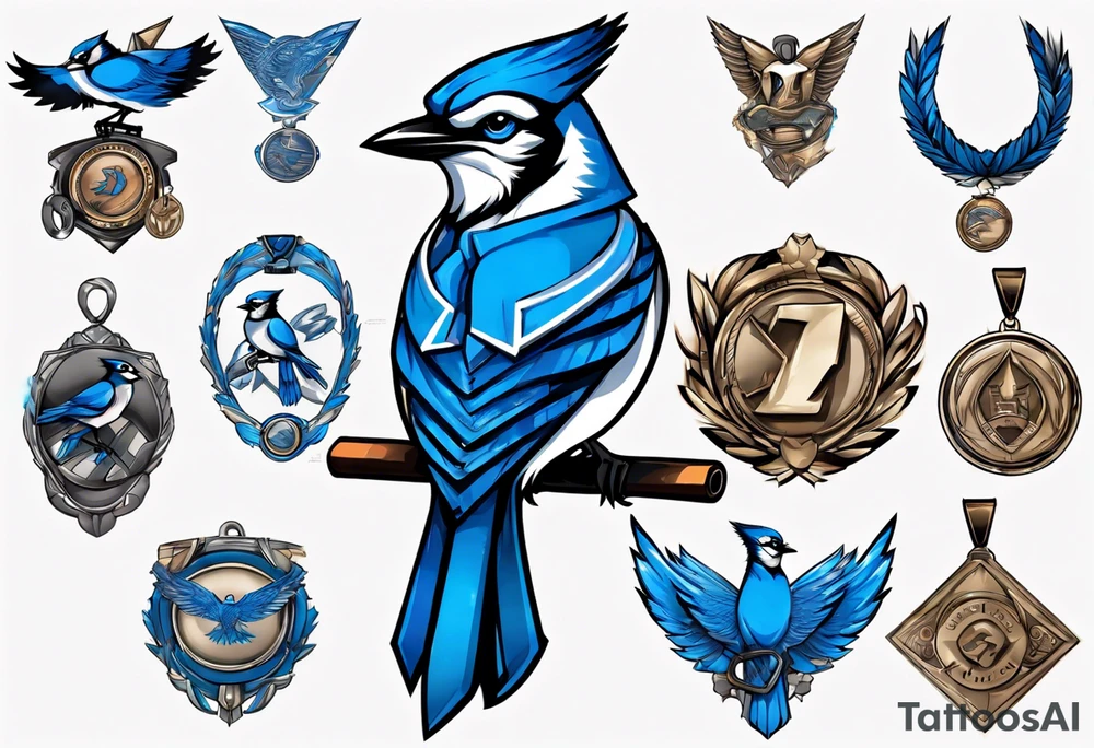 bluejay in a suit with a medal on around neck tattoo idea