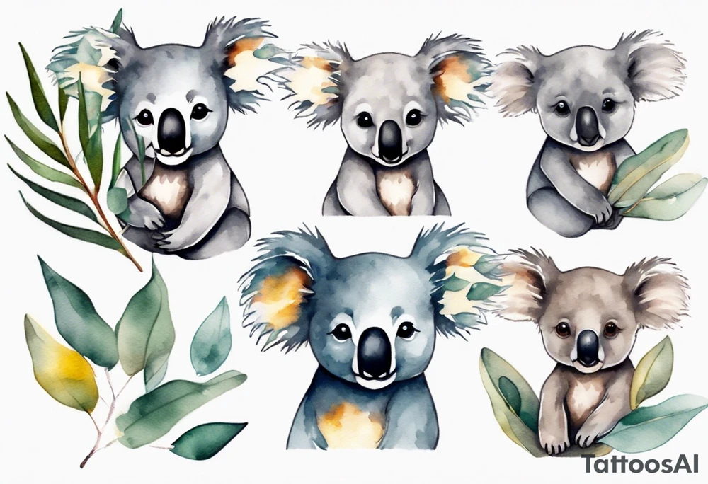 Small koala with eucalyptus leaves and wattle leaves tattoo idea