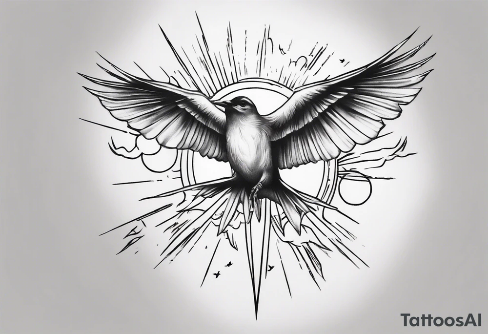 a shoulder tattoo with lots of rays of light in gradient, clouds and birds flying free tattoo idea
