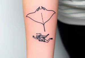 Manta ray silhouette above, scuba diver underneath, water background tattoo idea