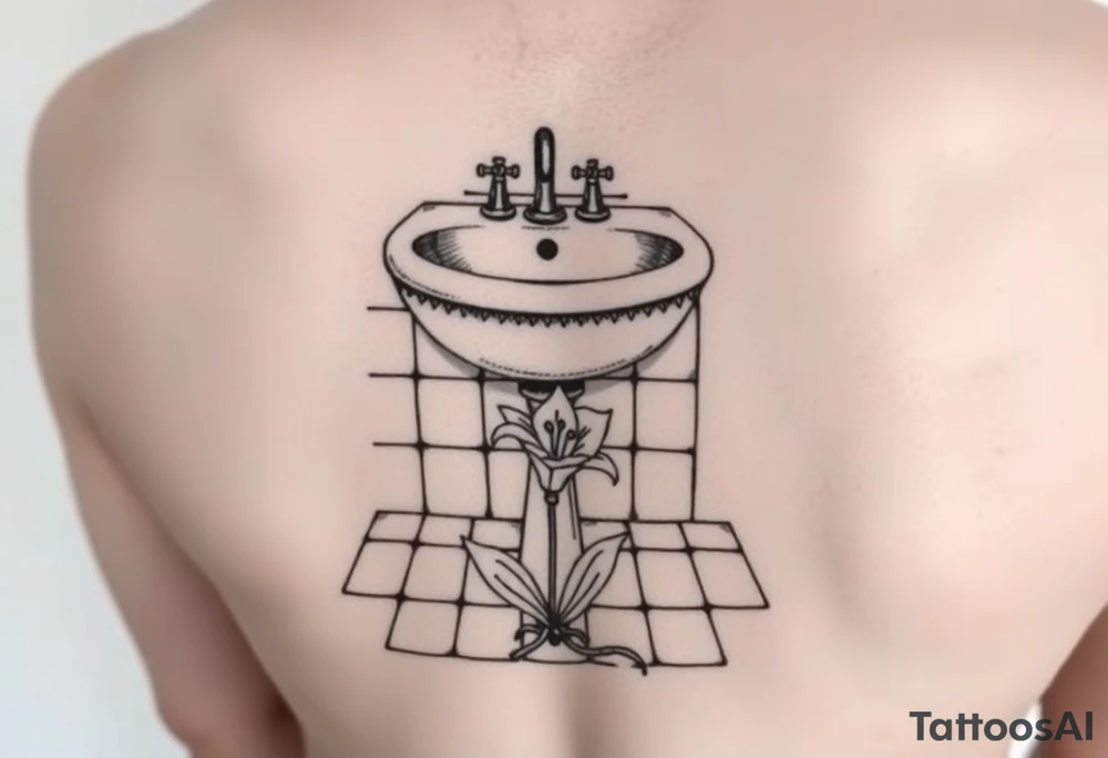 bathroom sink on tile floor with lily coming up out of the floor tattoo idea