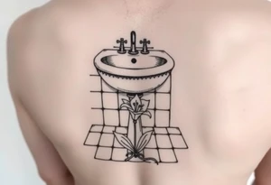bathroom sink on tile floor with lily coming up out of the floor tattoo idea