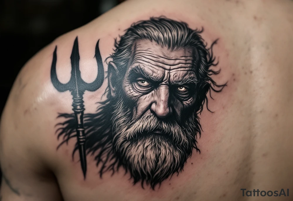 close-up old man with trident tattoo idea