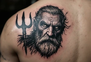 close-up old man with trident tattoo idea