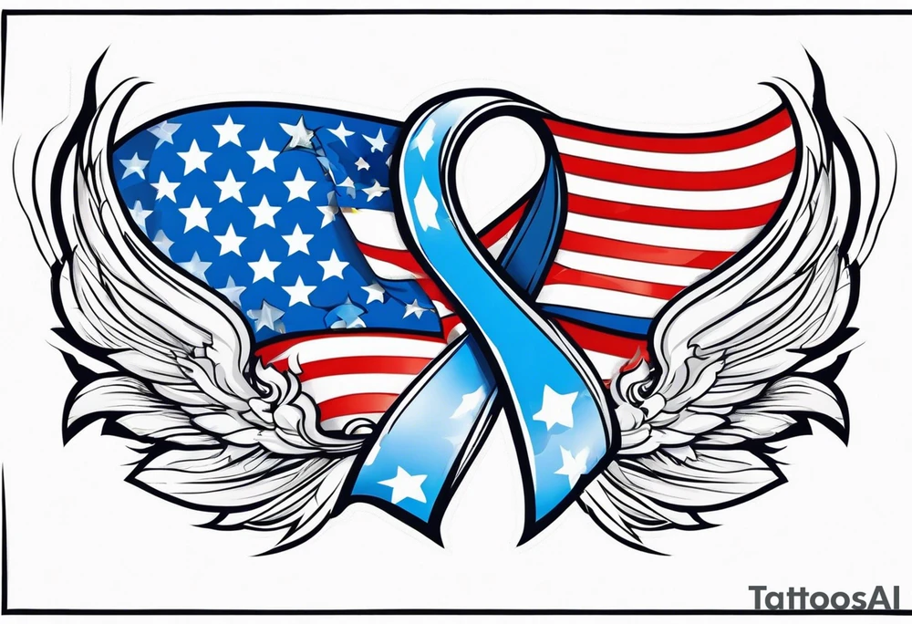 Blue colon cancer ribbon with angel winds and flag blend in tattoo idea
