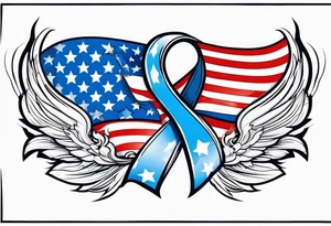 Blue colon cancer ribbon with angel winds and flag blend in tattoo idea