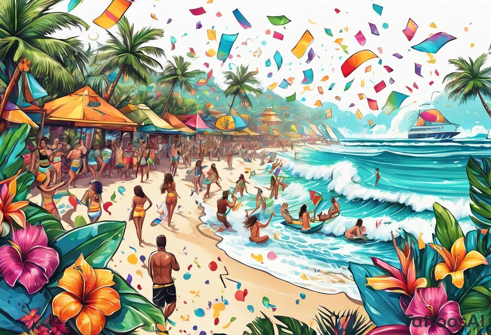 SURFING SAFARI BEACH DANCE 
PARTY WITH CONFETTI AND MUSIC NOTES, TROPICAL DRINKS, SEXY BIKINIS tattoo idea