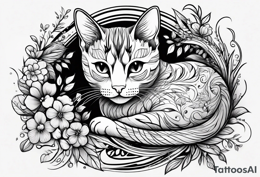 Illustrate a small tattoo of a tabby cat curled up, surrounded by gentle swirls or floral elements to enhance its cozy vibe tattoo idea