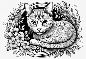 Illustrate a small tattoo of a tabby cat curled up, surrounded by gentle swirls or floral elements to enhance its cozy vibe tattoo idea