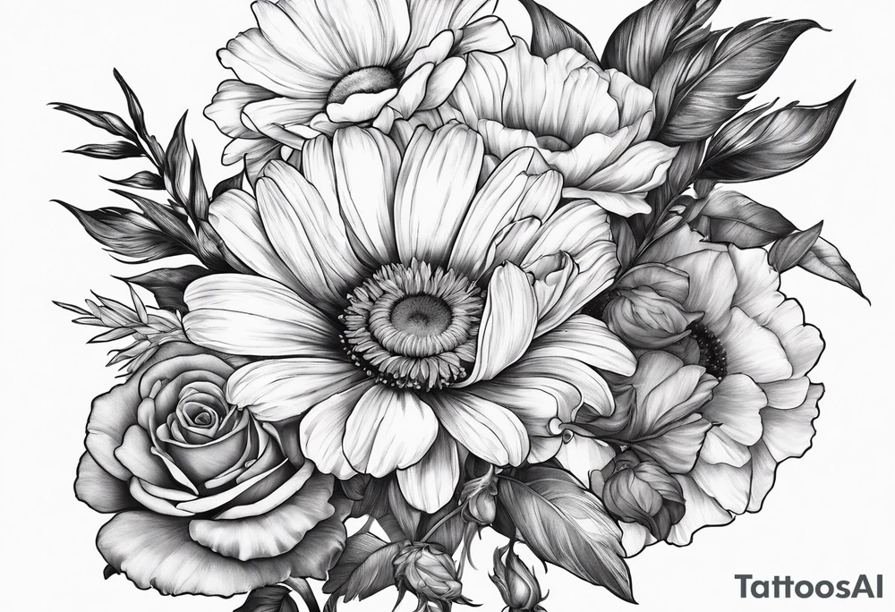 A sleeve of a single daisy and a rose with poppies and gladiolus flowers weaving through the daisy and rose tattoo idea