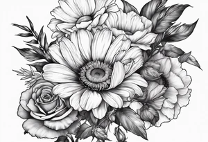 A sleeve of a single daisy and a rose with poppies and gladiolus flowers weaving through the daisy and rose tattoo idea