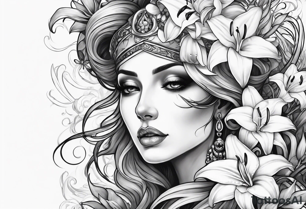 Skulls, lilies, the goddess Mara On the hand tattoo idea