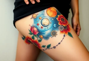 Milky way galaxy with planets with zodiac symbols and protection runes with red roses and sunflowers tattoo idea