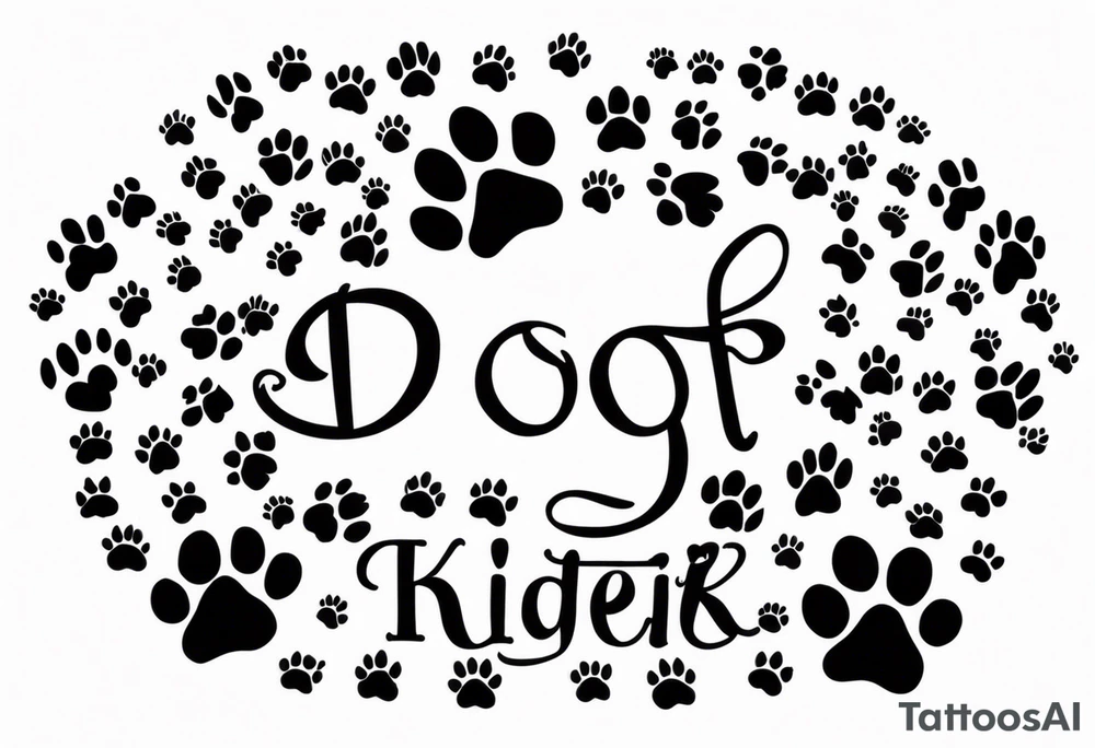 seven dog paw prints one for each of my dogs. indclude one dog's name on each paw print. the names are Tasha Katie Kiera Zeke Pixie Bud and Bear. tattoo idea