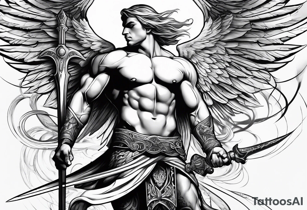 Micheal arc angel bent over pulling sword super muscular tattoo idea