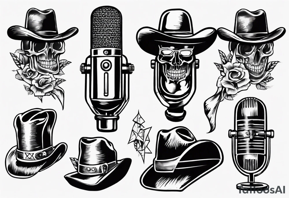 Old school broadcast microphone with cowboy hat on top tattoo idea