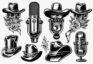 Old school broadcast microphone with cowboy hat on top tattoo idea