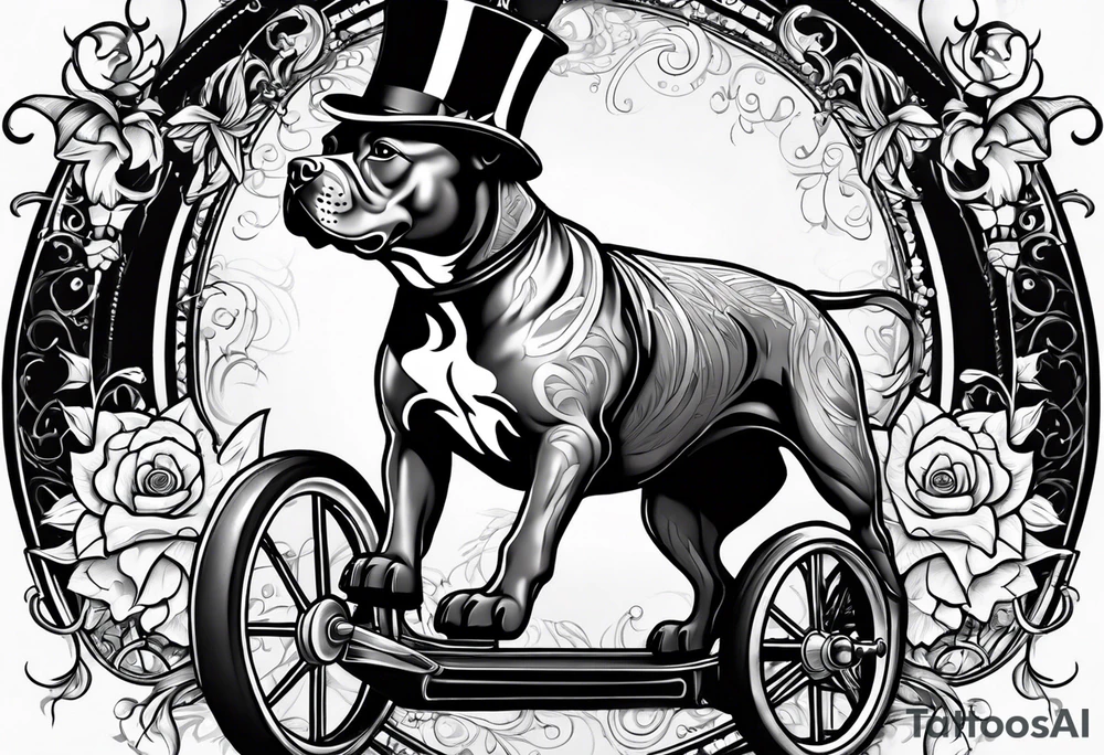 Pittbull wearing a tophat riding a tricycle tattoo idea