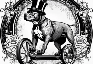 Pittbull wearing a tophat riding a tricycle tattoo idea
