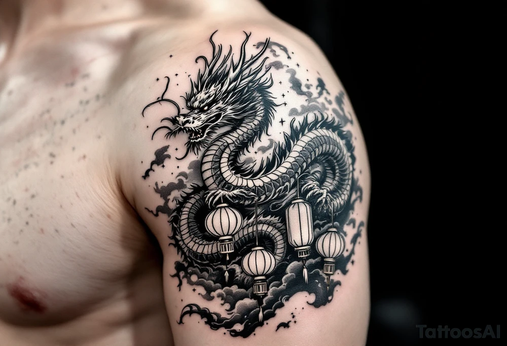 Chinese dragon flying towards the sky surrounded by chinese lanterns tattoo idea