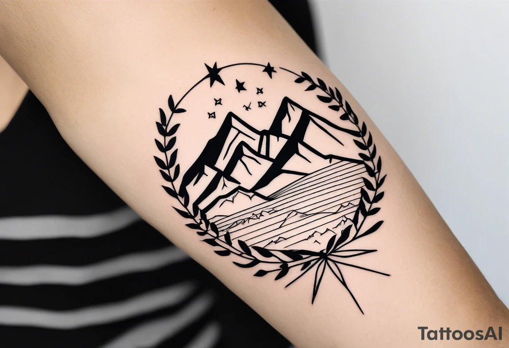 Three Peaks, Three Stars, Swords, and Vines: Create a minimalistic fine line tattoo for a right upper arm half sleeve. Feature three rugged mountain peaks, each topped with a simple star. Emphasize crossed swords, integrating with abstract, feather-like patterns that evoke the Valkyrie spirit. Keep the design in clean, simple lines, emphasizing the serene and mystical qualities without text. tattoo idea
