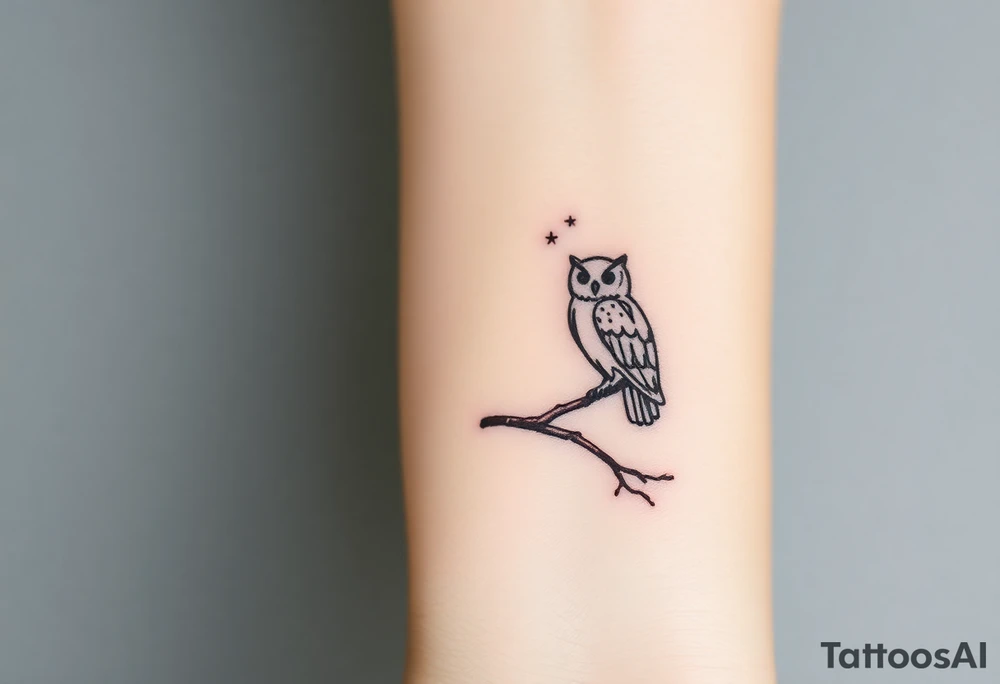 wise owl perched on ancient oak branch under starlit sky tattoo idea
