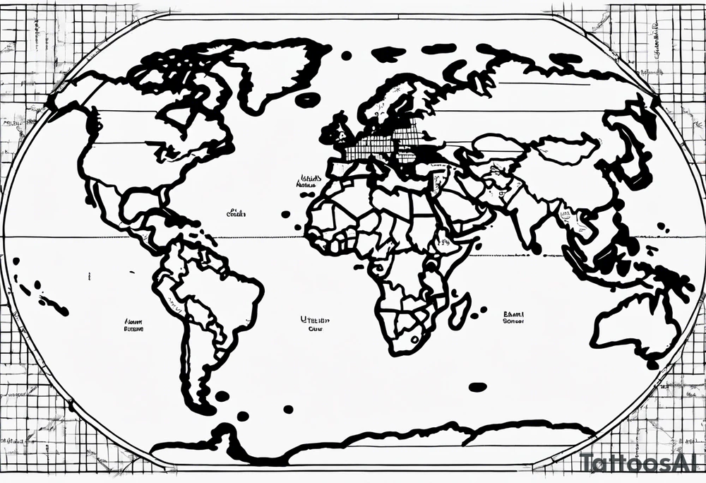 flat map of the earth with lines of a grid not shaded in with no bolding with the countries with accurate borders tattoo idea