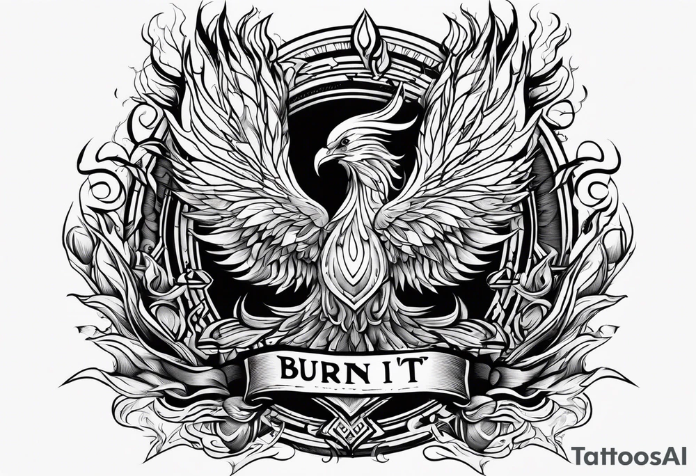 Bold text "BURN IT DOWN" engulfed with flames and smoke of a phoenix tattoo idea