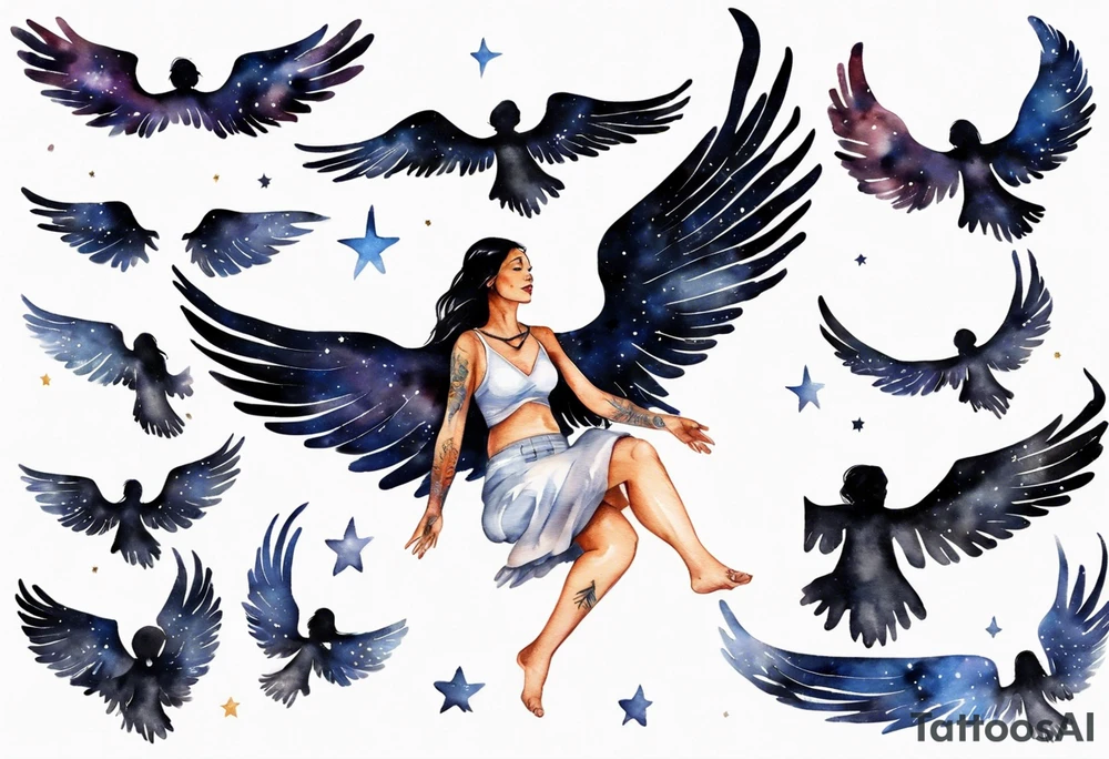 a beautiful 45 year old Dakota woman flying in the night sky with black wings and bare feet tattoo idea