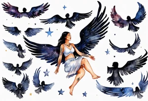 a beautiful 45 year old Dakota woman flying in the night sky with black wings and bare feet tattoo idea