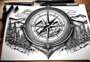 mountains half sleeve with compass tattoo idea