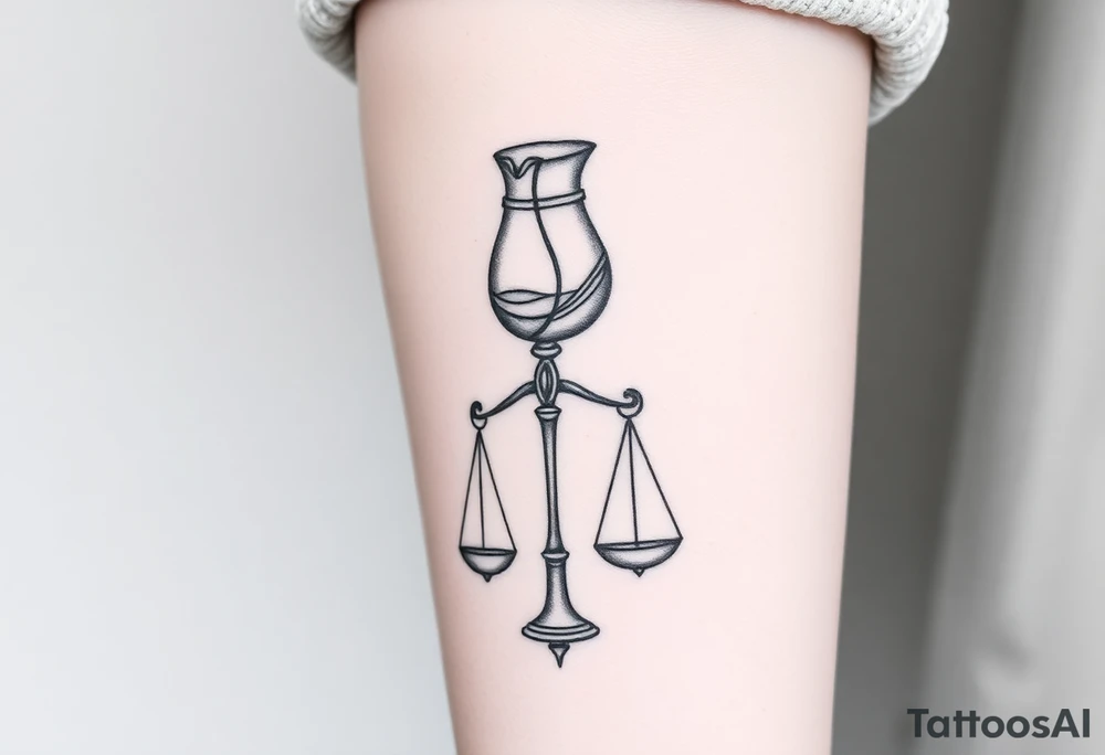 I want a tattoo that combines the Aquarius water bearer and the Libra scales. The water should flow elegantly from the jug, merging into or balancing the scales below. tattoo idea