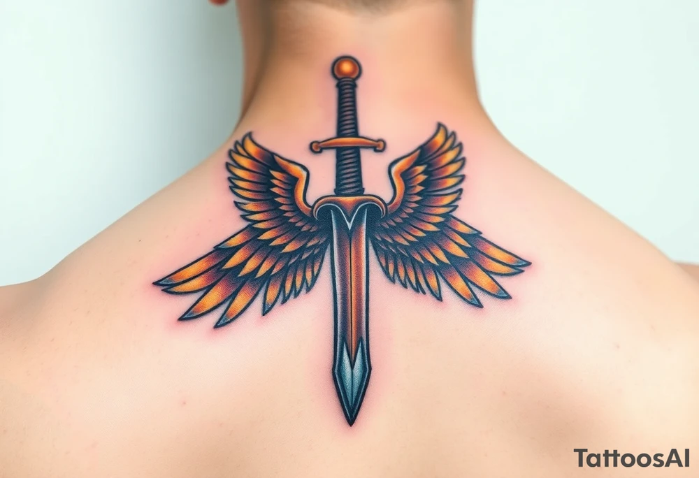A battle-worn sword forming the shape of a cross, with large eagle wings in brown and gold tattoo idea