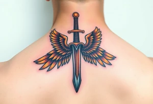 A battle-worn sword forming the shape of a cross, with large eagle wings in brown and gold tattoo idea